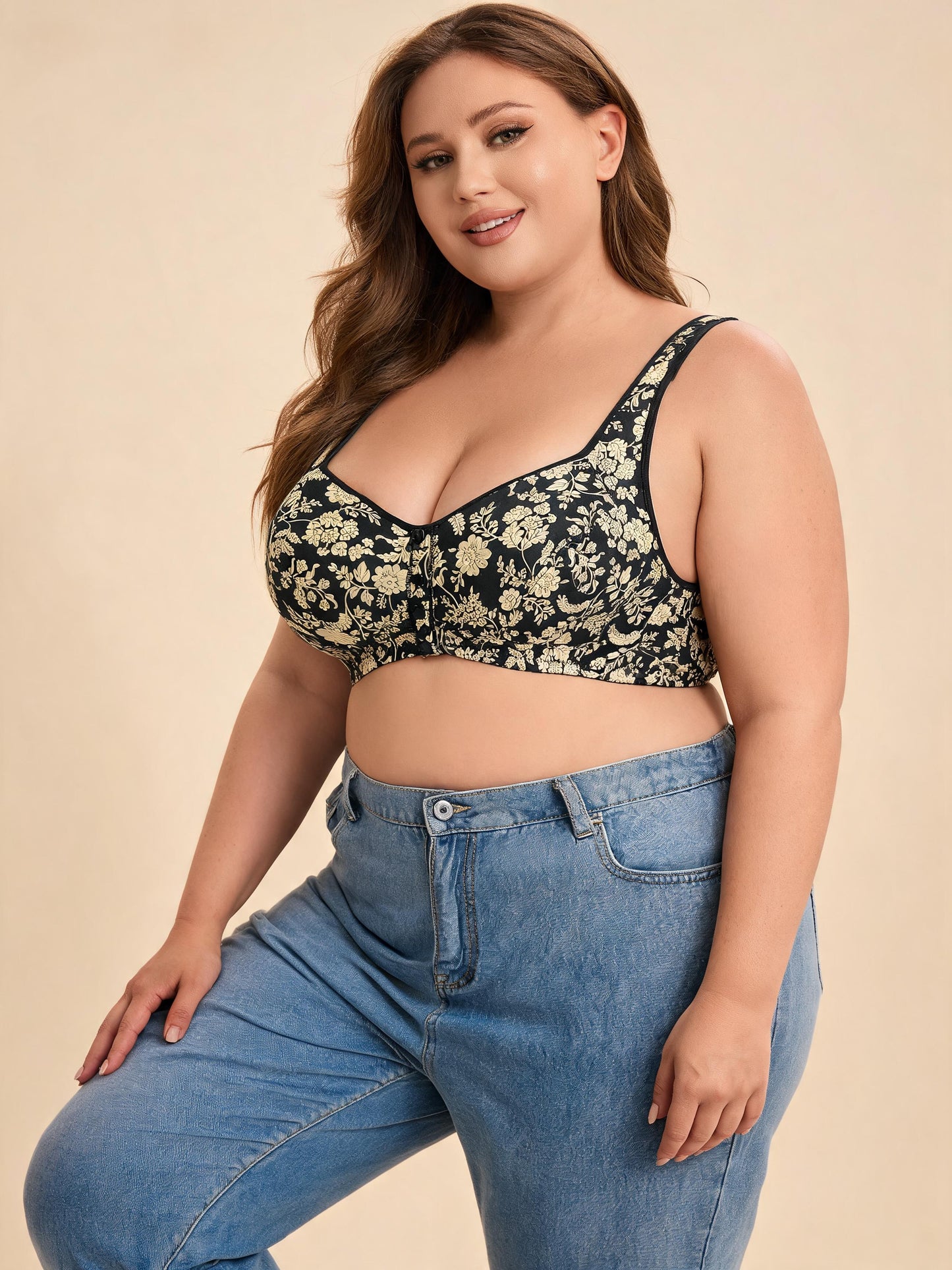 Beige Floral Lace for A-G Cups Front-Closure Bra