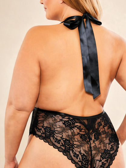 Halter Neck Mesh Bodysuit with High Waist Floral Lace Teddy