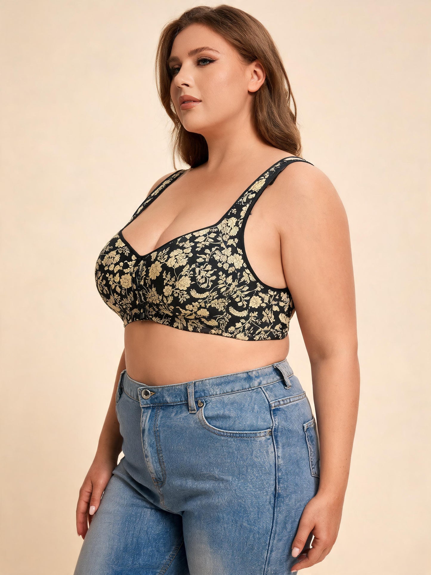 Beige Floral Lace for A-G Cups Front-Closure Bra