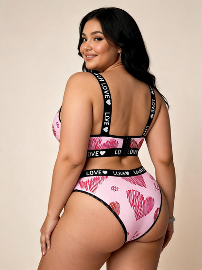 Pink Heart Print Lingerie Set with LOVE Straps