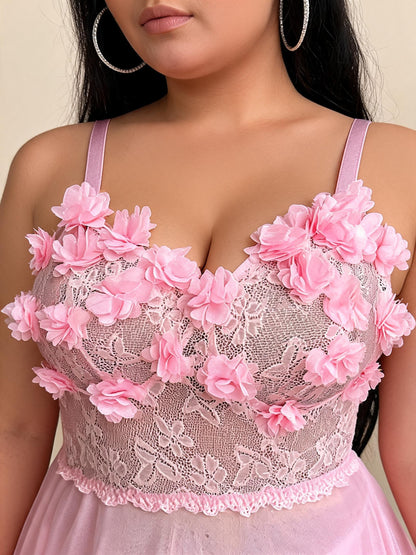 Pink 3D Floral Lace Babydoll with Tulle Skirt
