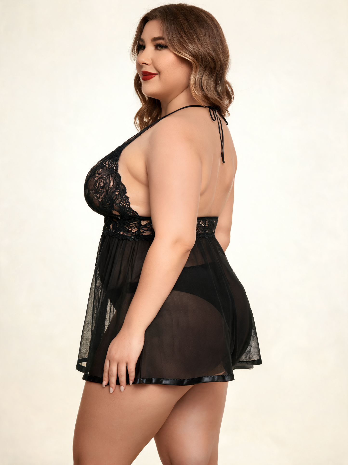 Plus Size Black Lace Babydoll with Deep V-Neck