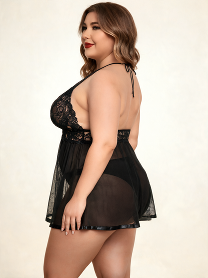 Plus Size Black Lace Babydoll with Deep V-Neck