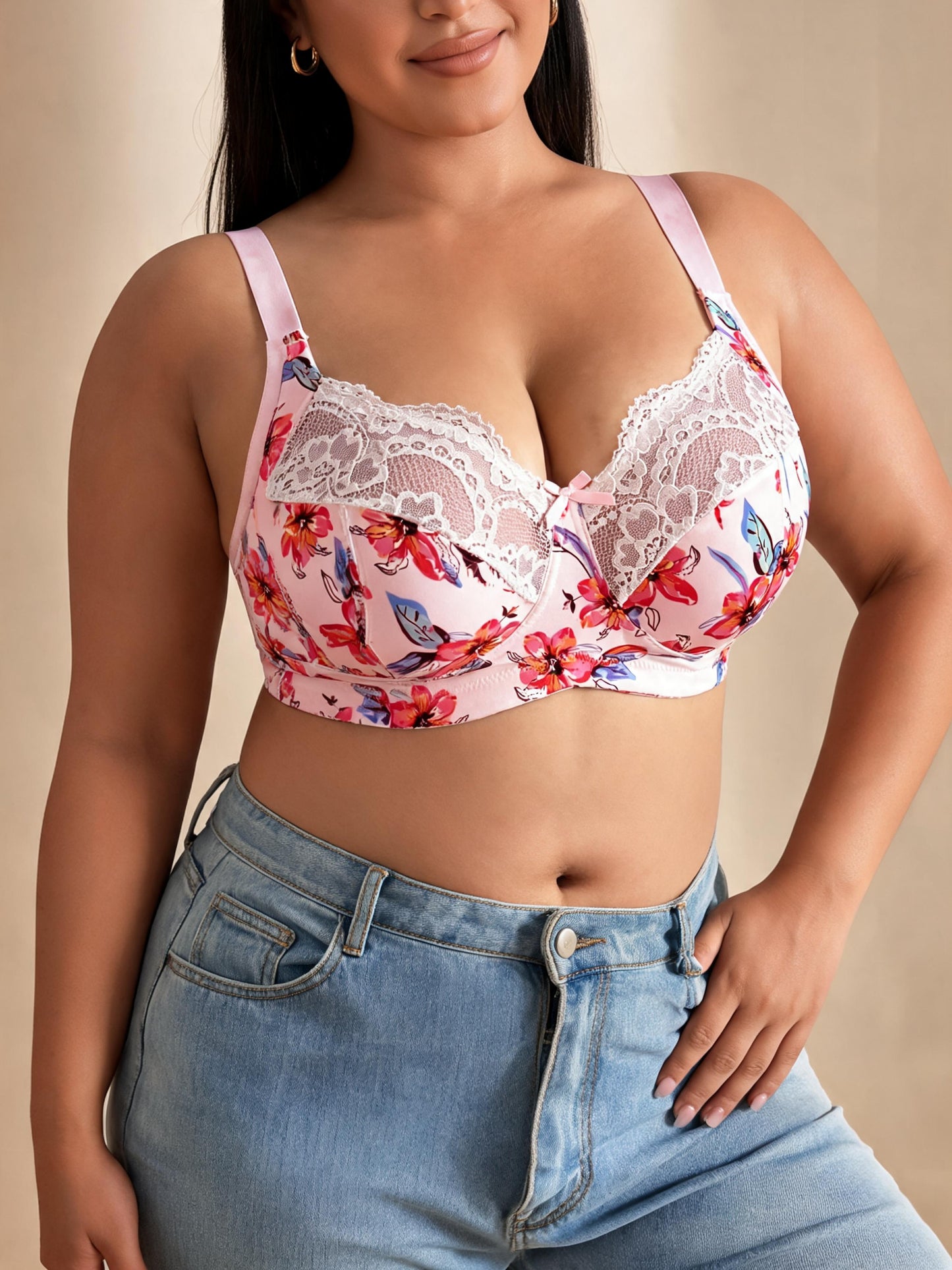 Sexy Printed Push Up Minimizer & Lifting Design Floral Lace U-Back Bra