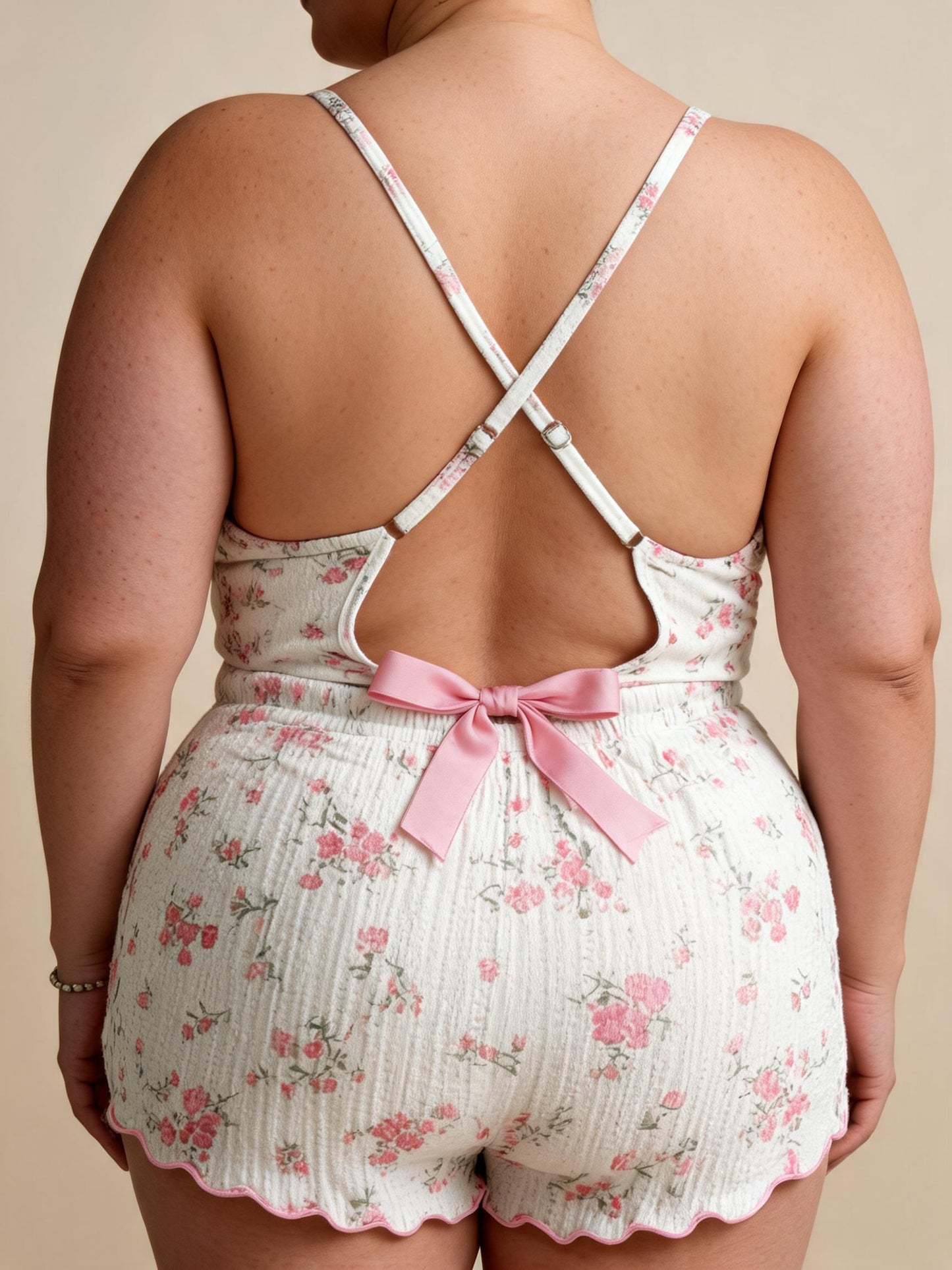 Pink Floral Ribbed Babydoll & Shorts Set with Lace Trim