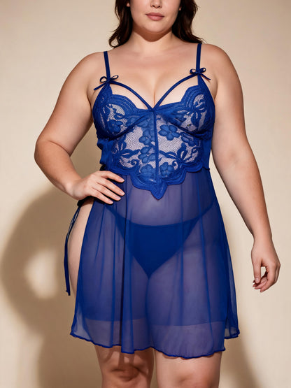 Strappy Front Open Chemise with High Slit Mesh Bridal Lace Babydoll