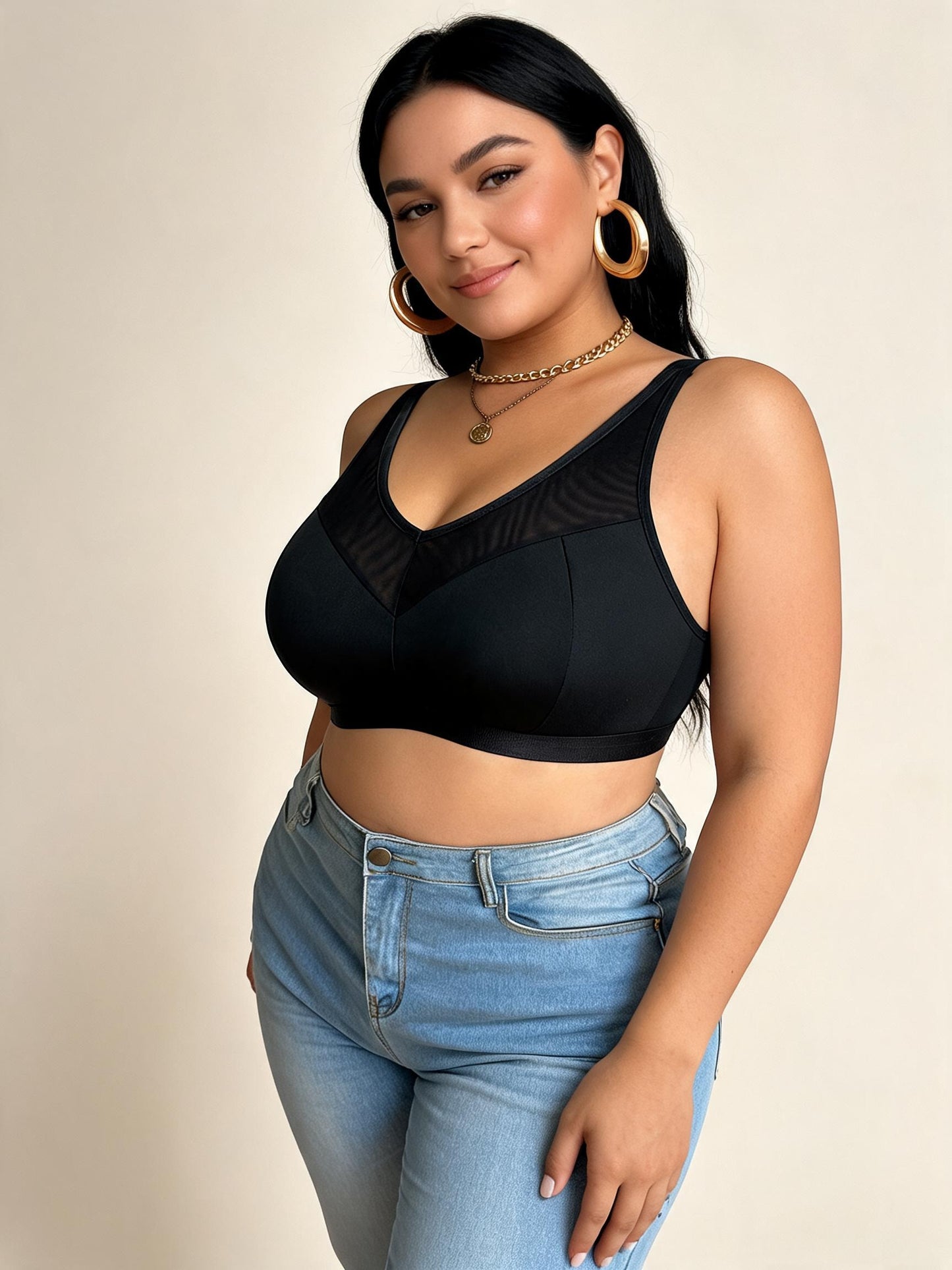 Black Mesh Panel Sports Bra with V-Neck Design