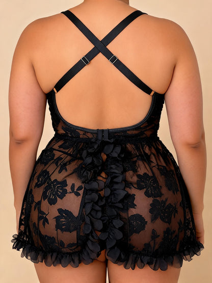 Black Floral Lace Babydoll with Pearl Straps