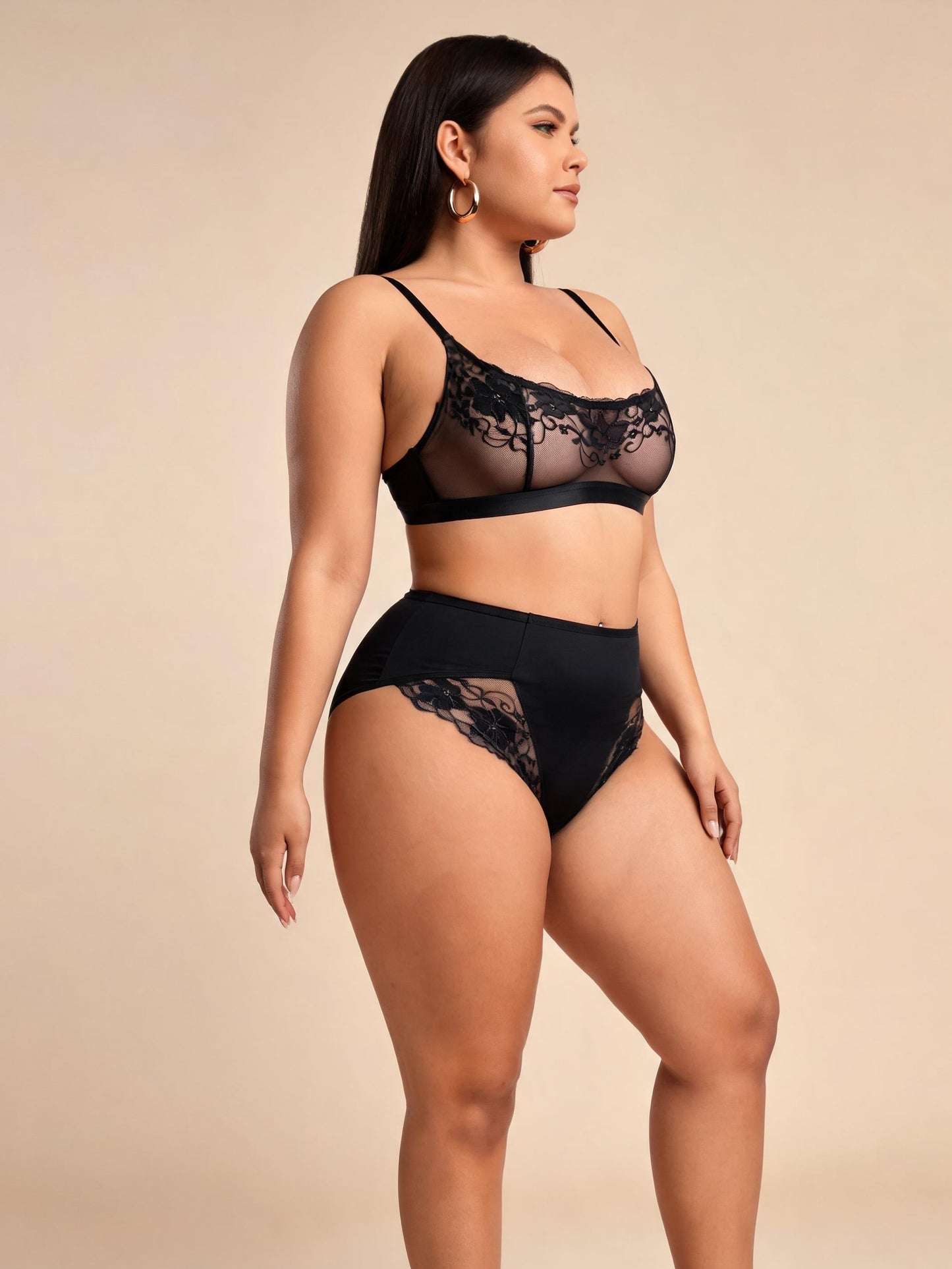 Black Front Clasp Sheer Lace Bra & High Waist Mesh Brief Lingerie Set