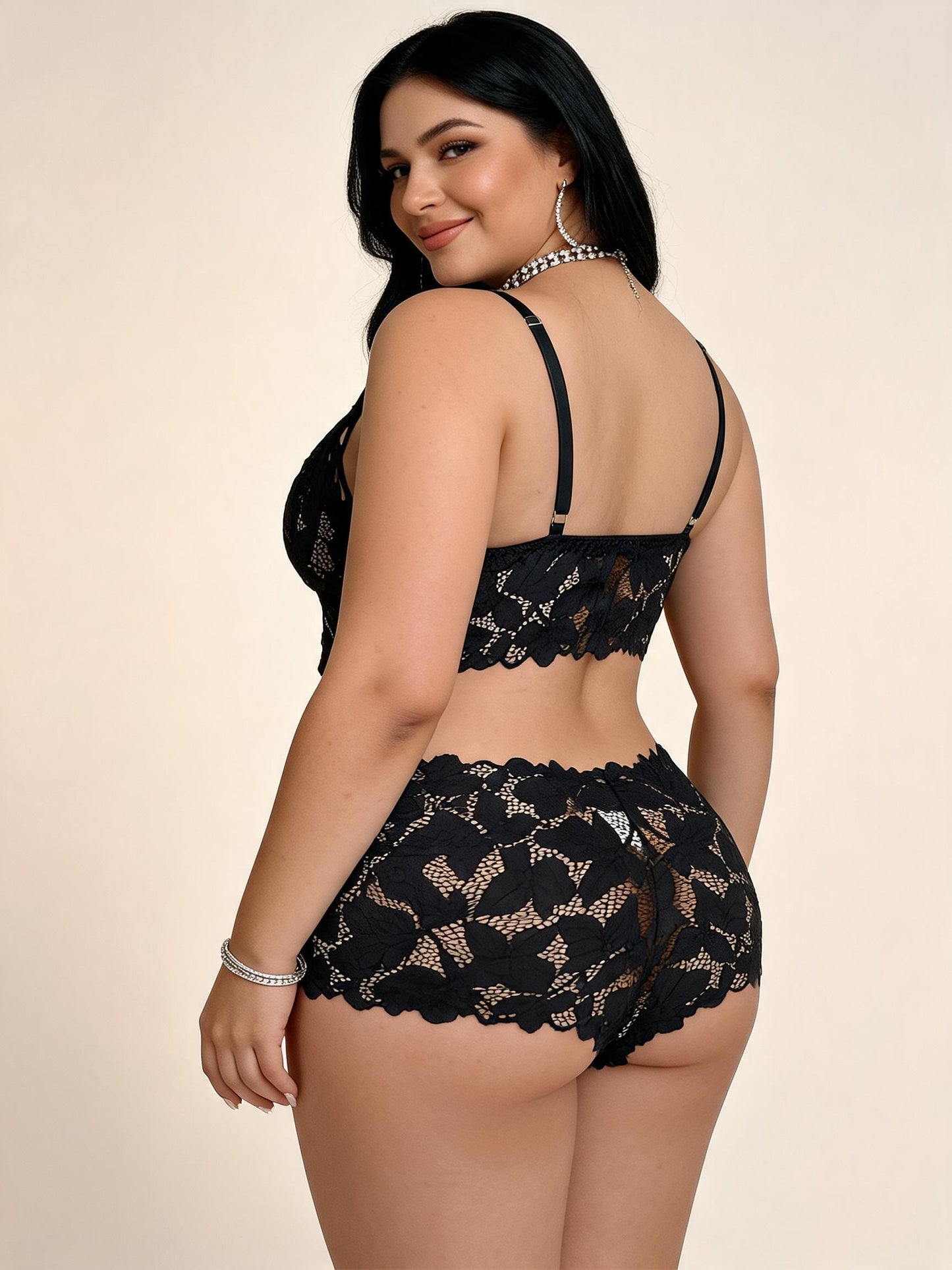 Black Floral Lace Bralette and High-Waisted Boyshorts Set
