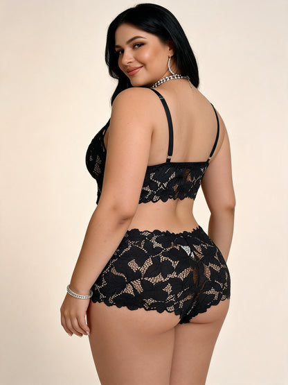 Black Floral Lace Bralette and High-Waisted Boyshorts Set