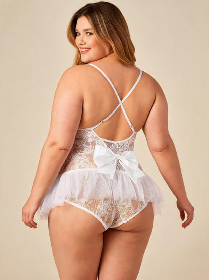 Floral Lace Teddy with Tulle Ruffle Skirt Sexy Bow Strap Bridal Nightgown
