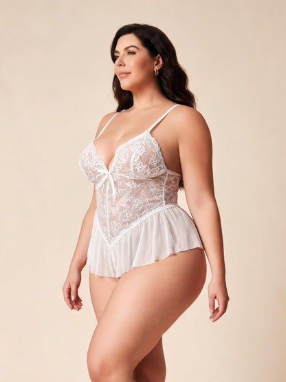 Sheer Floral Bodysuit with Ruffle Skirt & Bow Bridal Lace Teddy