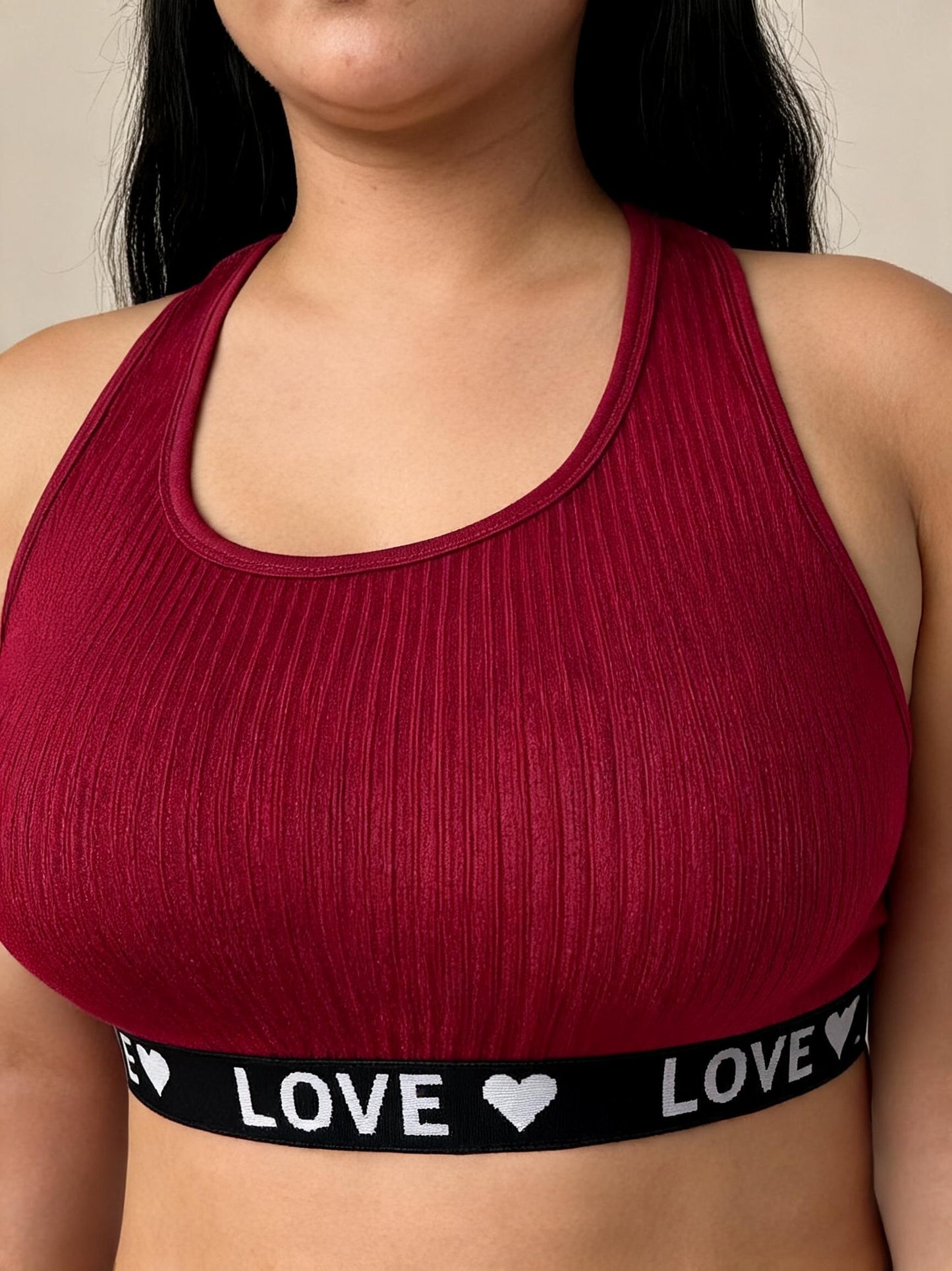Burgundy Ribbed Crop Top & Shorts Set with “LOVE” Waistband
