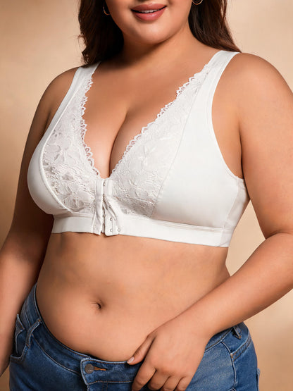 Front Closure Wireless Bra Sexy Lace Trim V-Neck Bralette for Daily Wear