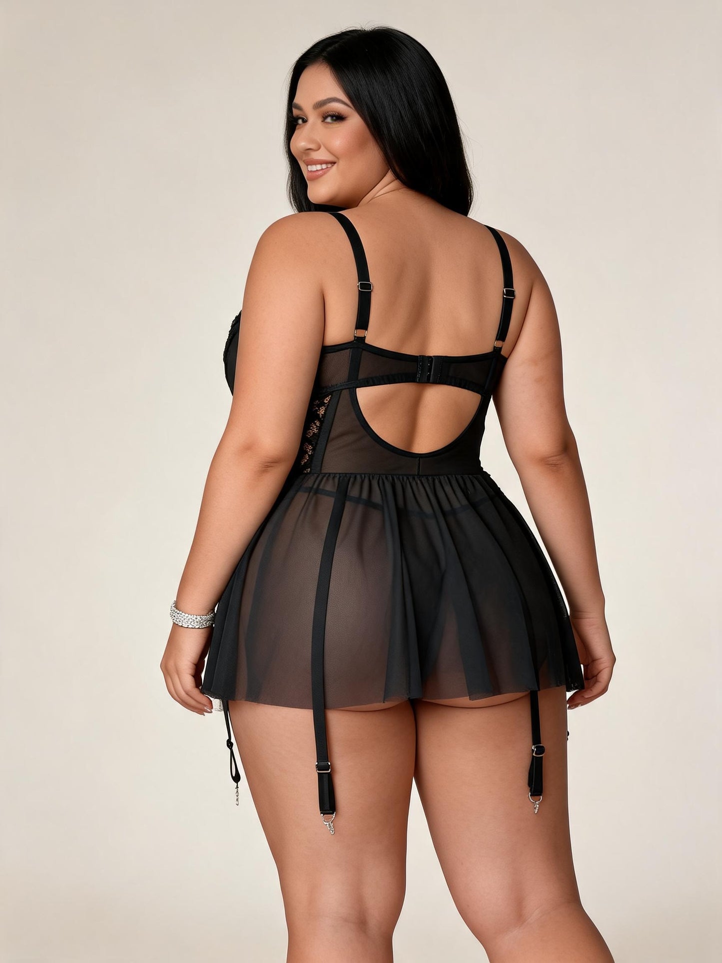 Plus Size Black Lace & Mesh Babydoll Chemise with Garter Straps