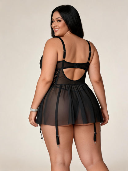 Plus Size Black Lace & Mesh Babydoll Chemise with Garter Straps