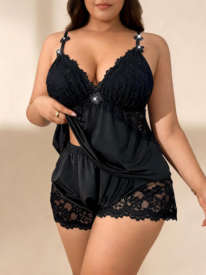 Lace Camisole Top & Shorts Cute Bow Strap Sleepwear Satin Pajama Set