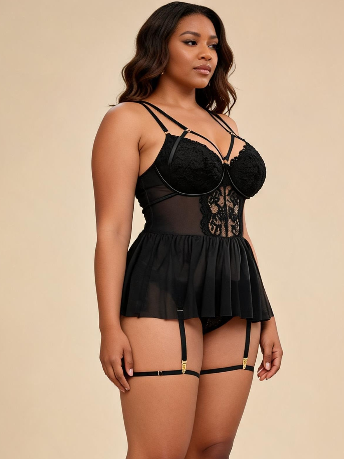 Plus Size Lace & Mesh Babydoll Chemise with Gold Garter Clips