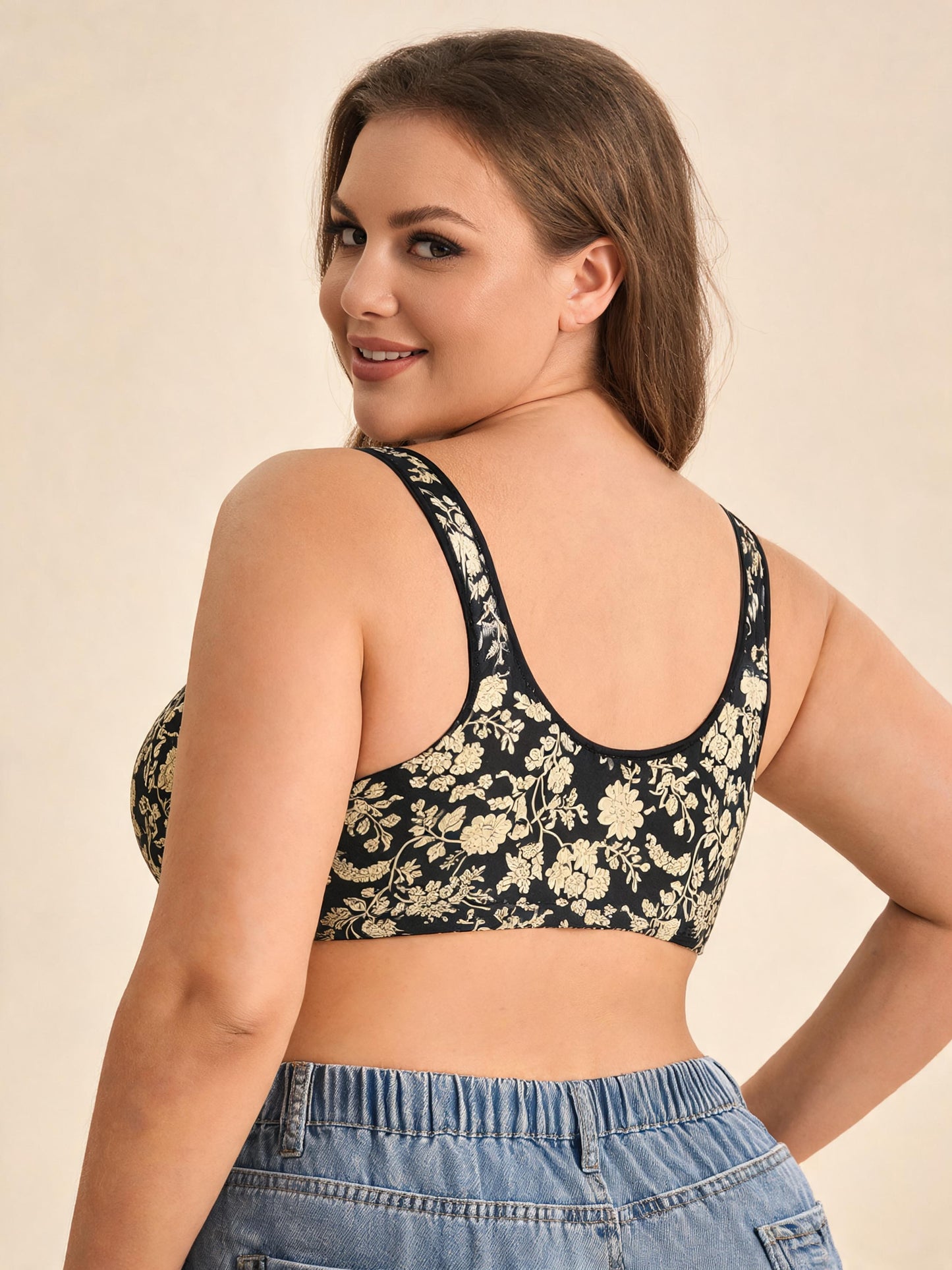 Beige Floral Lace for A-G Cups Front-Closure Bra
