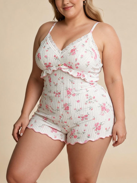 Pink Floral Ribbed Babydoll & Shorts Set with Lace Trim