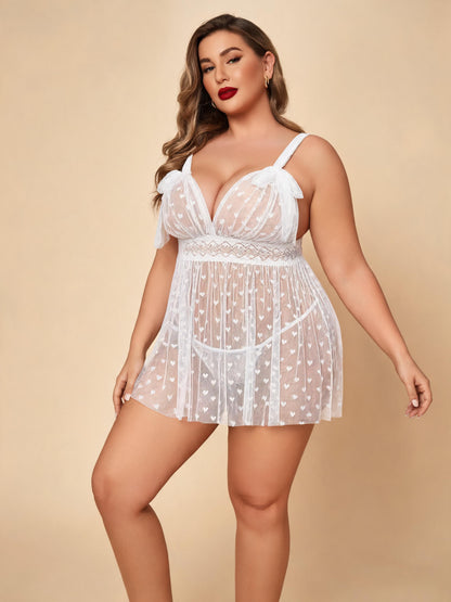 White Lace Heart Mesh Tie Front Babydoll Sheer Bow Straps Nightgown