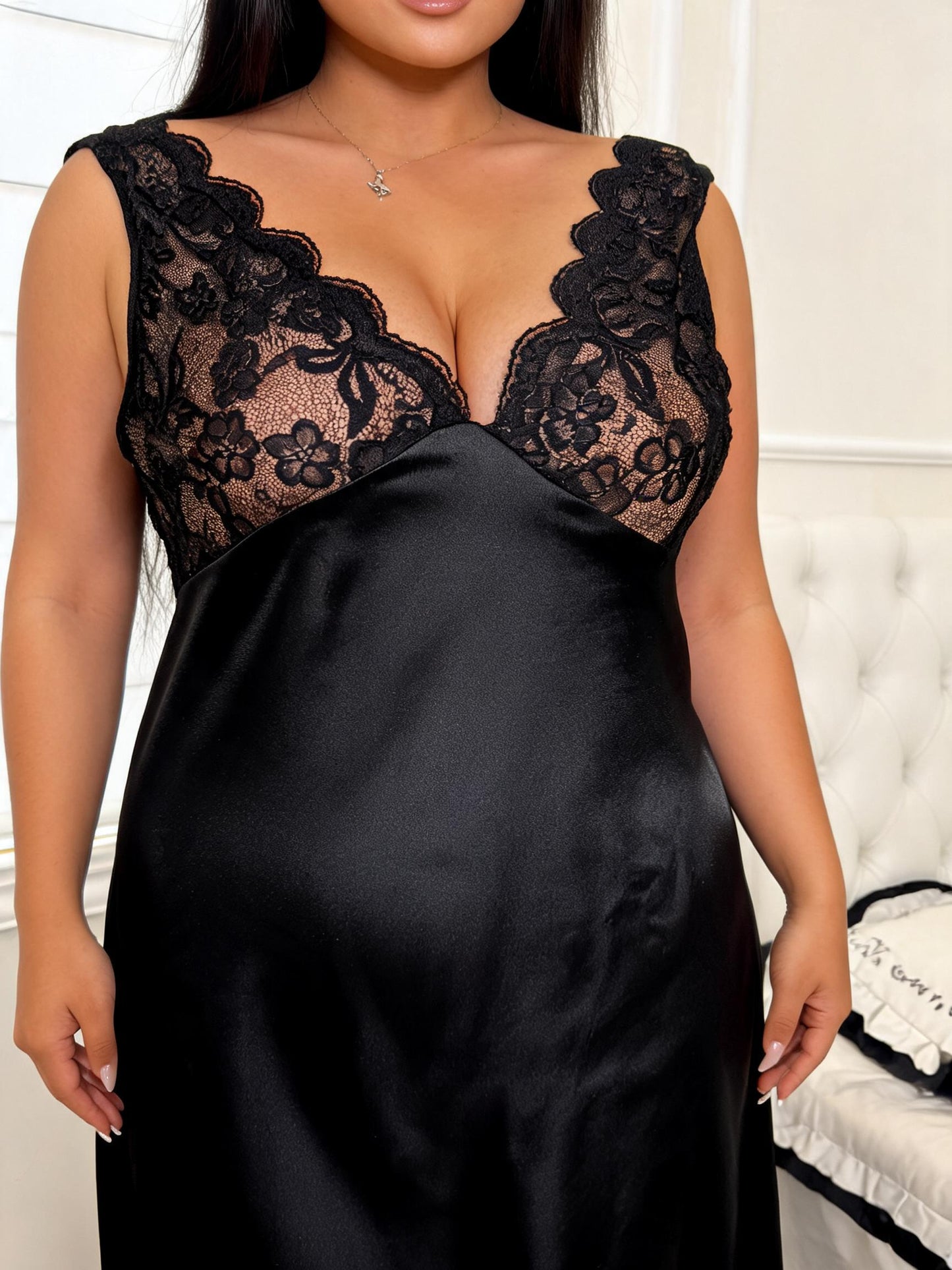 Black satin lace nightgown — 05-lace-closeup