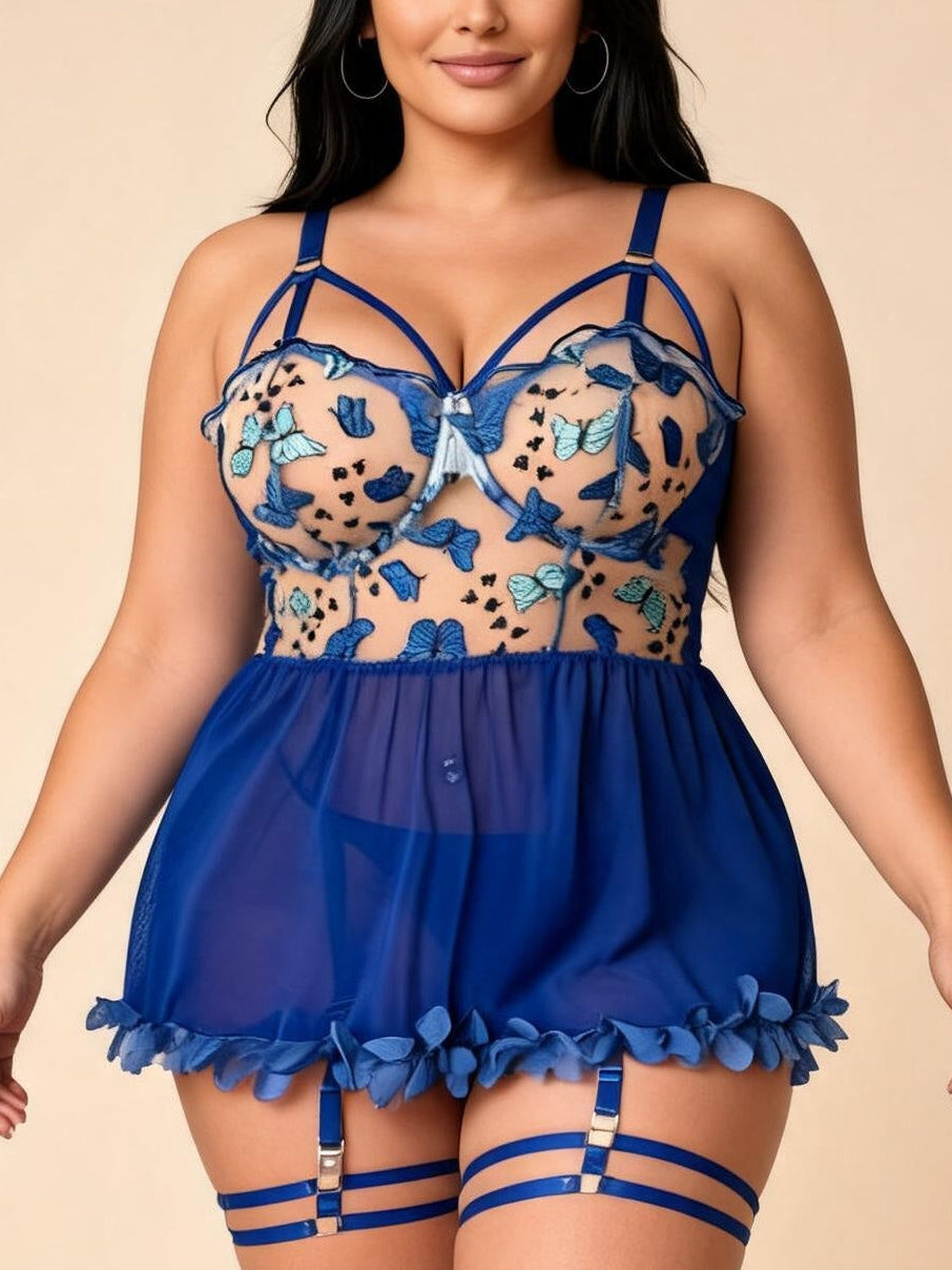 Plus-Size Floral Lace & Mesh Babydoll with Garter Straps