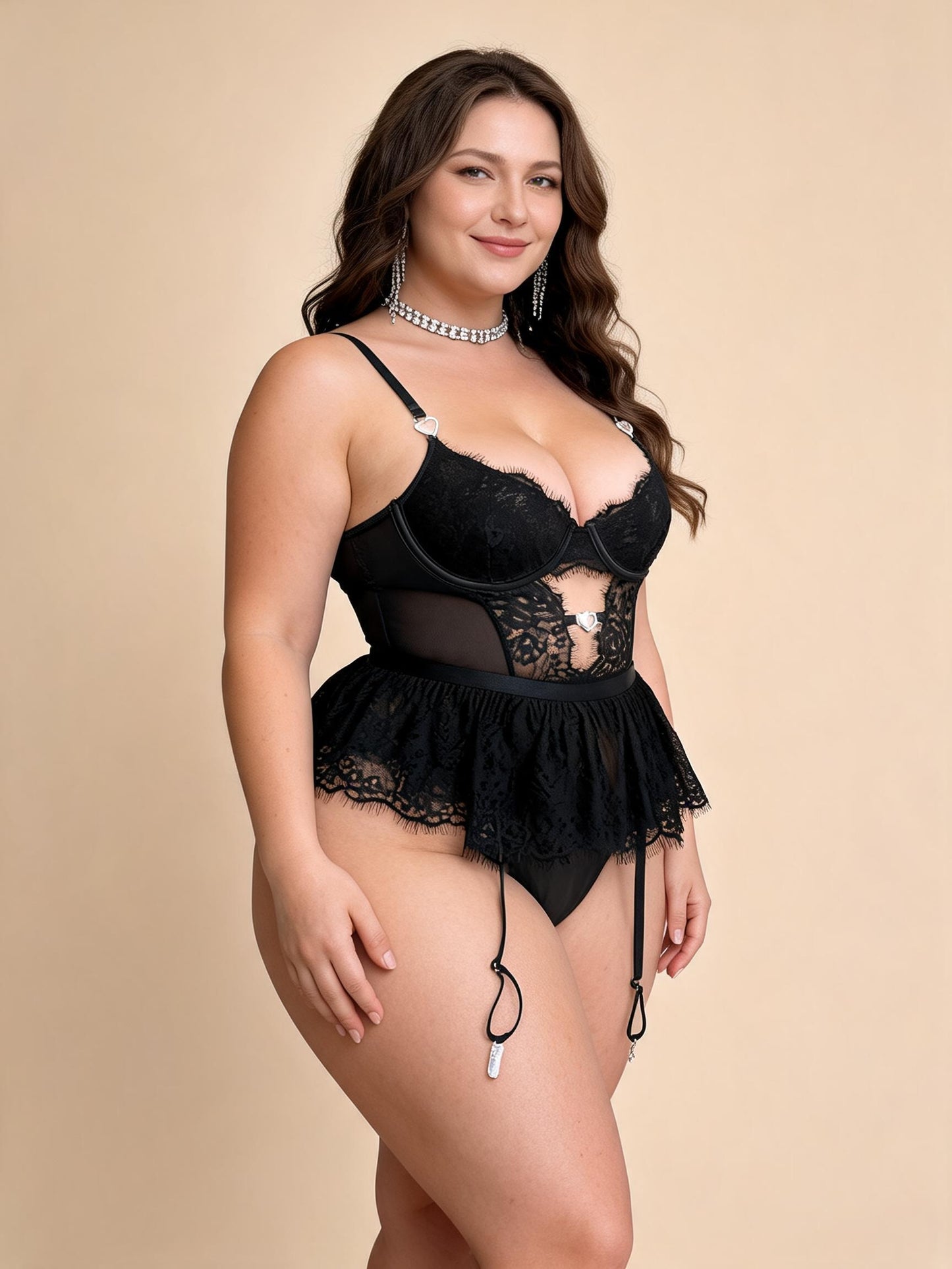 Plus-Size Lace Corset Babydoll with Garter Straps