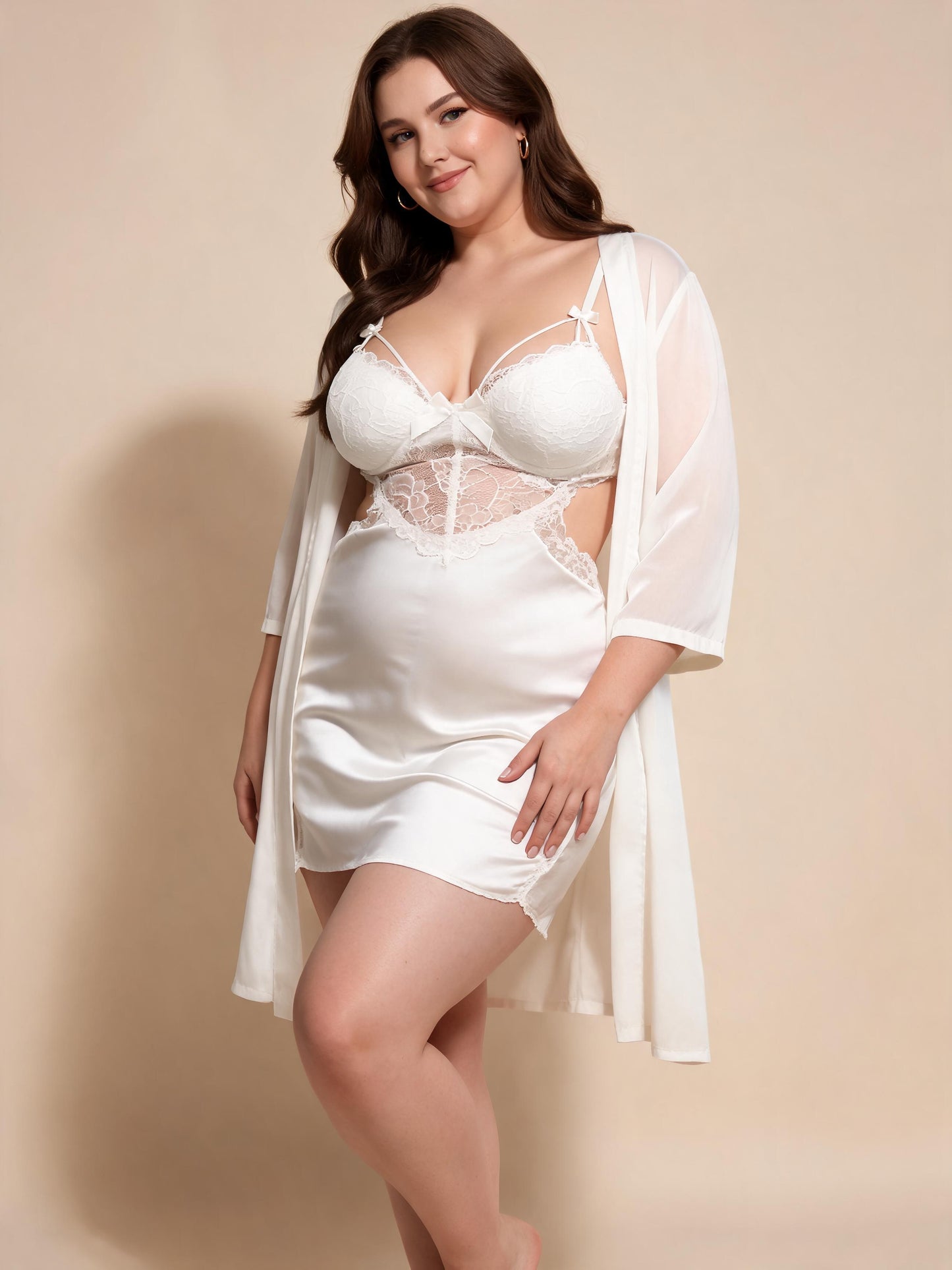 Sexy V-Neck Babydoll Dress with Sheer Mesh Bridal Honeymoon Panel & Robe Set
