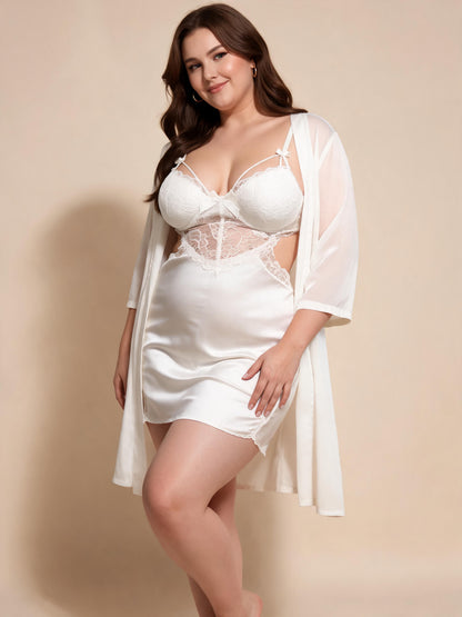 Sexy V-Neck Babydoll Dress with Sheer Mesh Bridal Honeymoon Panel & Robe Set