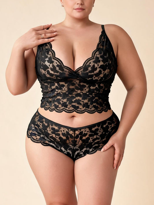 Black & Brown Floral Lace Bralette and Cheeky Panty Set