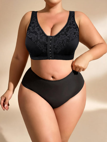 Plus Size Front Clasp Full Coverage Bra & High Waist Brief with Lace