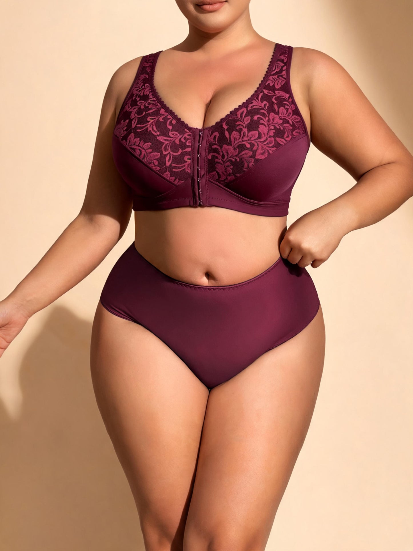 Plus Size Front Clasp Full Coverage Bra & High Waist Brief with Lace