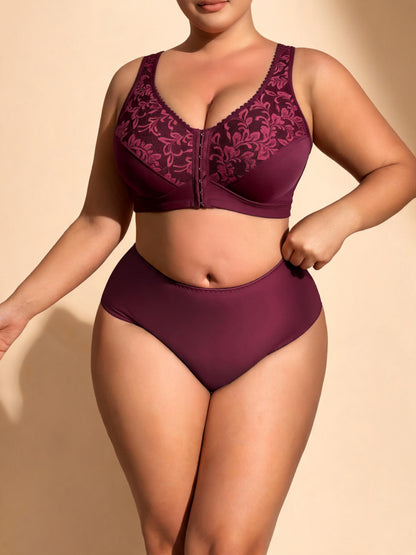 Plus Size Front Clasp Full Coverage Bra & High Waist Brief with Lace