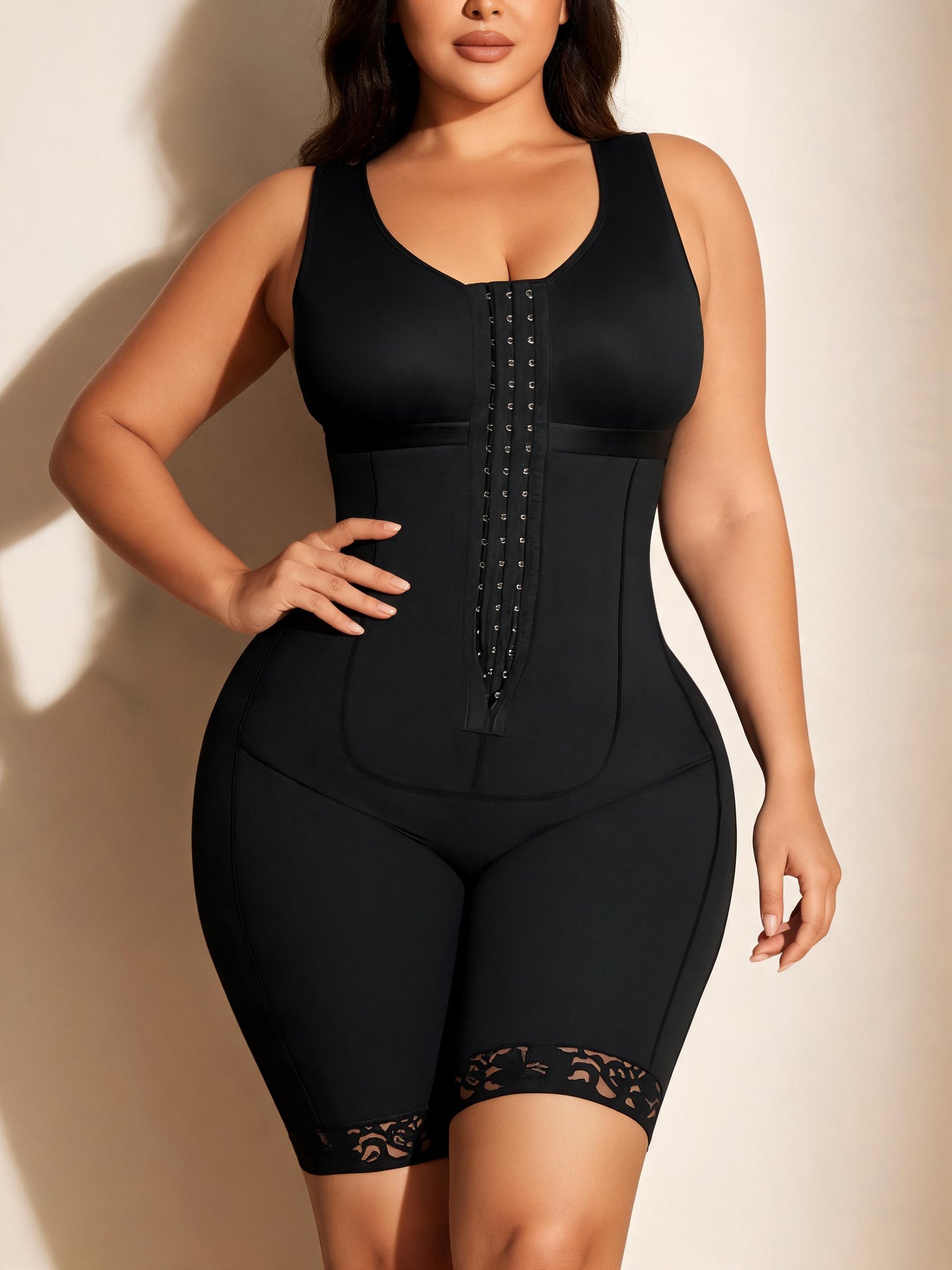 Tummy Tuck Compression Bodysuit with Front Hooks Mid Thigh Shapewear