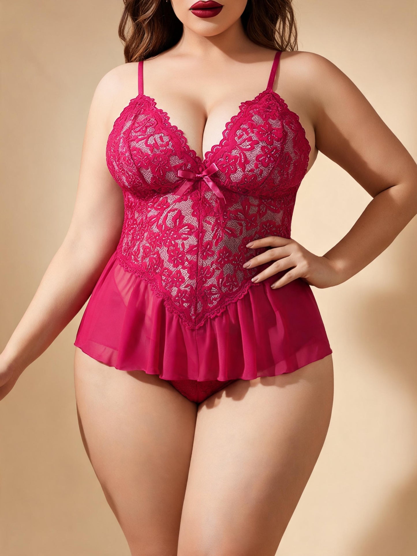Sheer Floral Bodysuit with Ruffle Skirt & Bow Bridal Lace Teddy