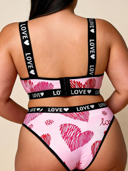 Pink Heart Print Lingerie Set with LOVE Straps
