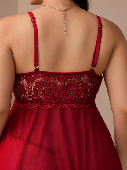 Red Lace & Satin Chemise with Plunging Neckline