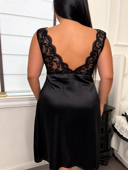 Black satin lace nightgown — 04-back-view