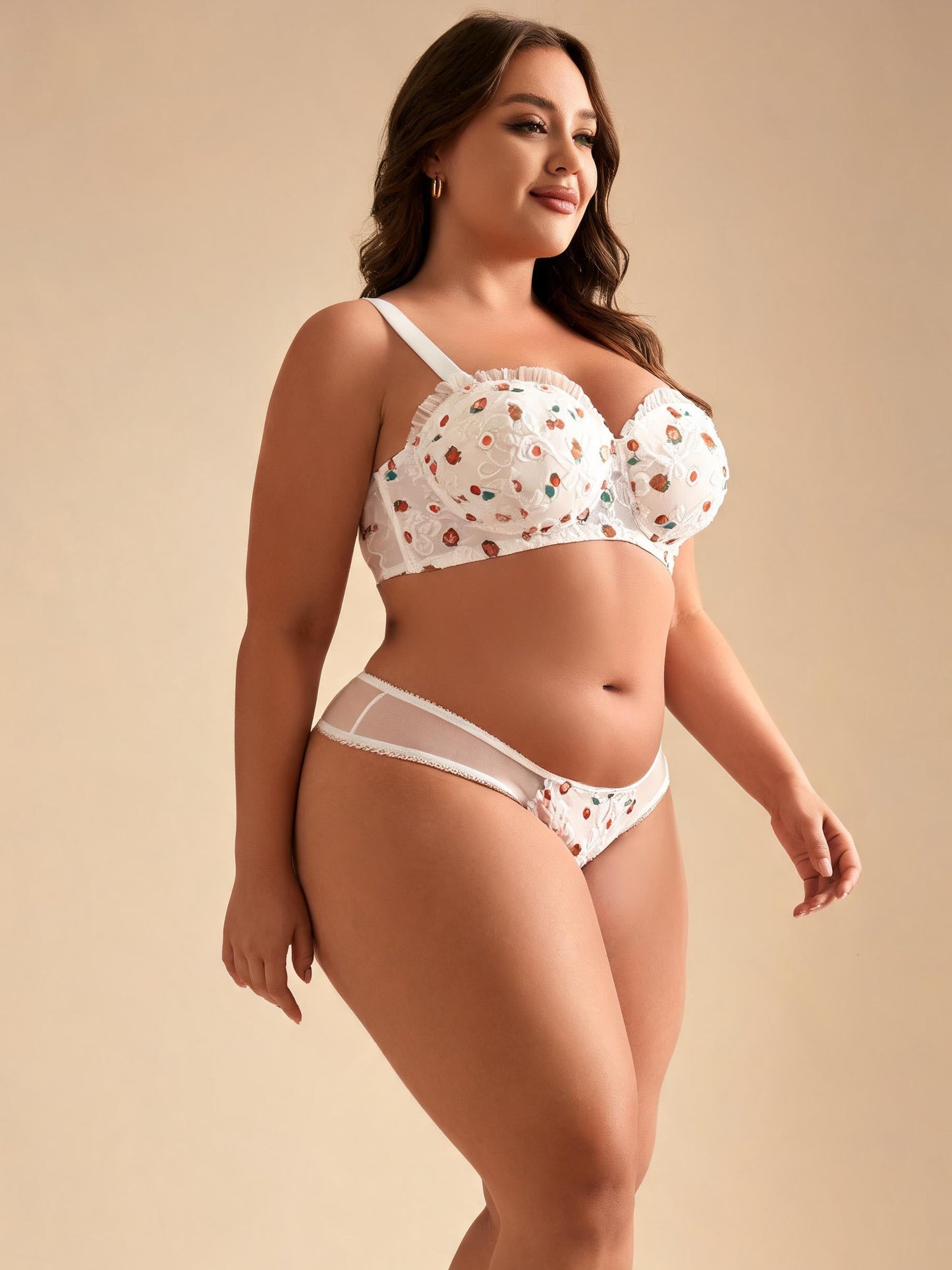 Embroidered Lace Cherry Print Lingerie Set