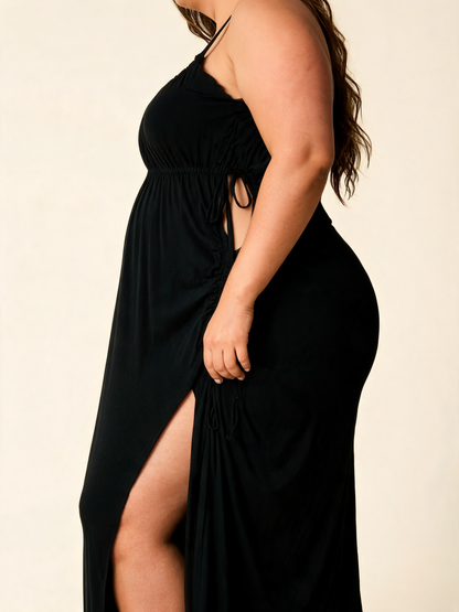 Plus Size Black Satin Slip Dress with Side Ties and High Slit