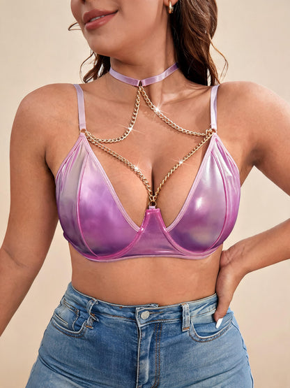 Patent Leather Bra with Chain Harness Metallic Studded Bralette