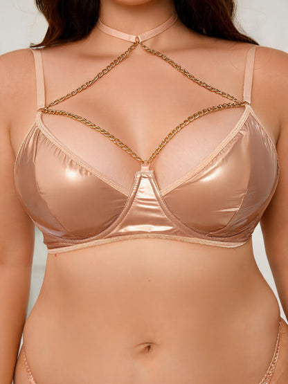 Patent Leather Bra with Chain Harness Metallic Studded Bralette