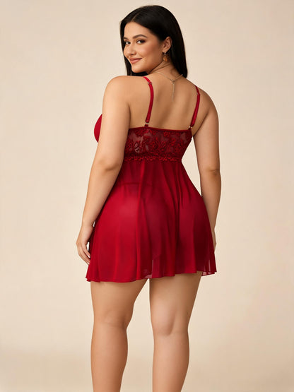 Red Lace & Satin Chemise with Plunging Neckline