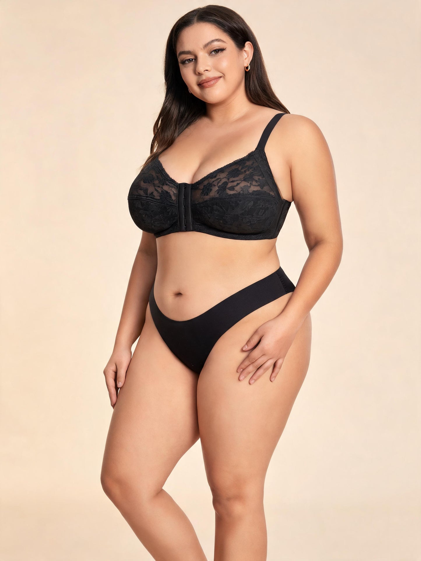Plus Size Lace Front-Closure Bra & Brief Set