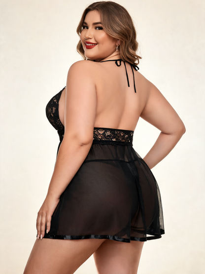 Plus Size Black Lace Babydoll with Deep V-Neck