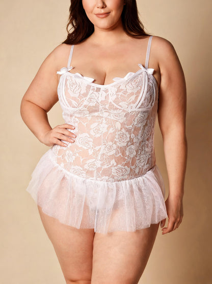 Floral Lace Teddy with Tulle Ruffle Skirt Sexy Bow Strap Bridal Nightgown