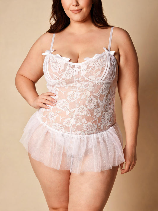 Floral Lace Teddy with Tulle Ruffle Skirt Sexy Bow Strap Bridal Nightgown