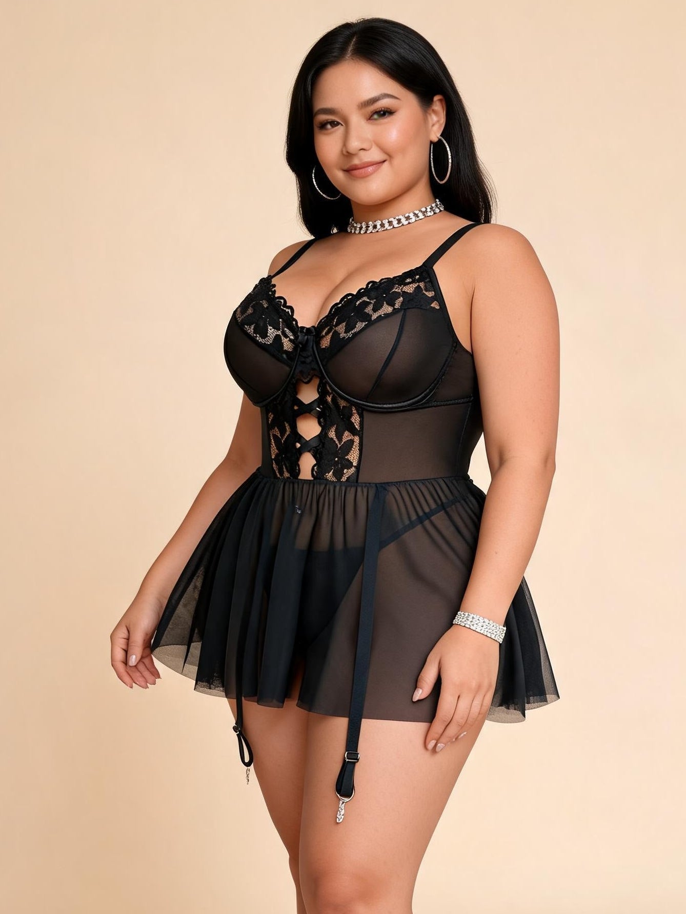 Plus Size Black Lace & Mesh Babydoll Chemise with Garter Straps